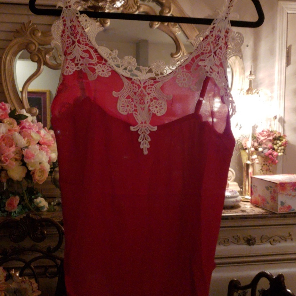 Brand new Red sheer top with white application